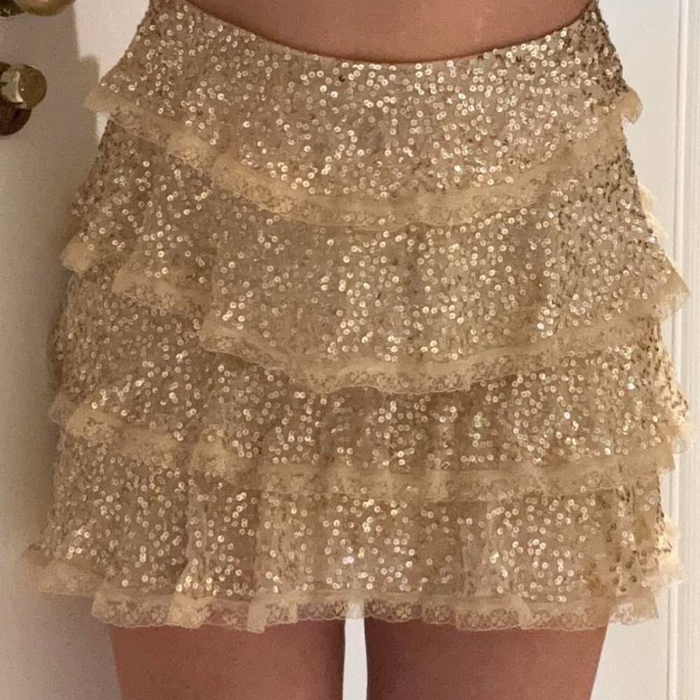 Blumarine Gold Bubble Mini Skirt with Ruffled Sequins